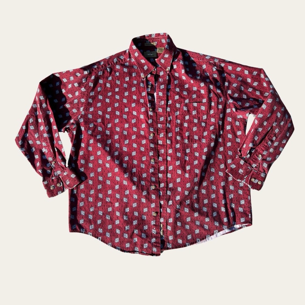 Red Patterned Button-Up Shirt